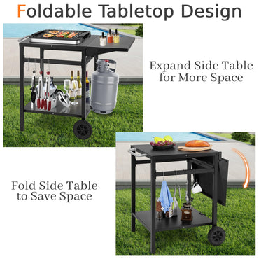 Movable Dining Cart Table Trolley with Folding Tabletop for BBQ Grill