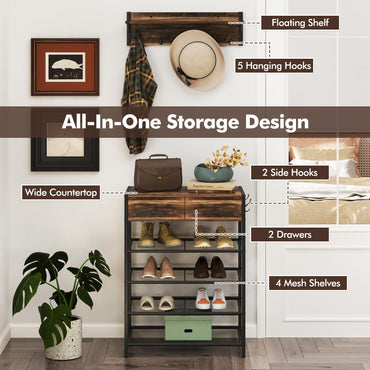 Coat Rack Shoe Stand Set with Wall-Mounted Coat Rack and Drawers
