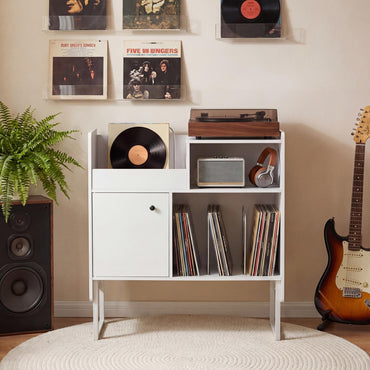 Record Player Stand with Charging Station, End Table with Display Shelves & Door