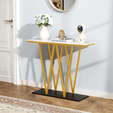 Modern Accent Extra Long Console Entry Table with Faux Marble Top
