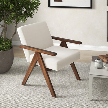 Modern Accent Chair Linen Fabric Armchair with Solid Acacia Wood Frame