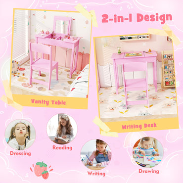 2 in 1 Kids Vanity Table and Chair Set with Flip Top Mirror Hidden Storage
