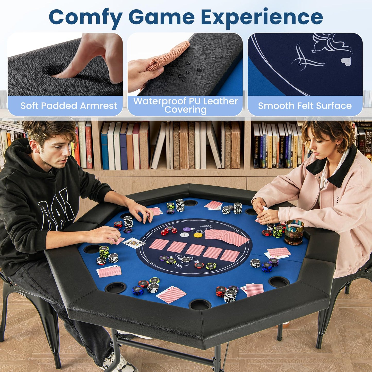 8 Player Foldable Poker Table with 8 Cup Holders