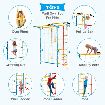 Metal Swedish Ladder Wall Bars for Kids with Gym Rings Climbing Net