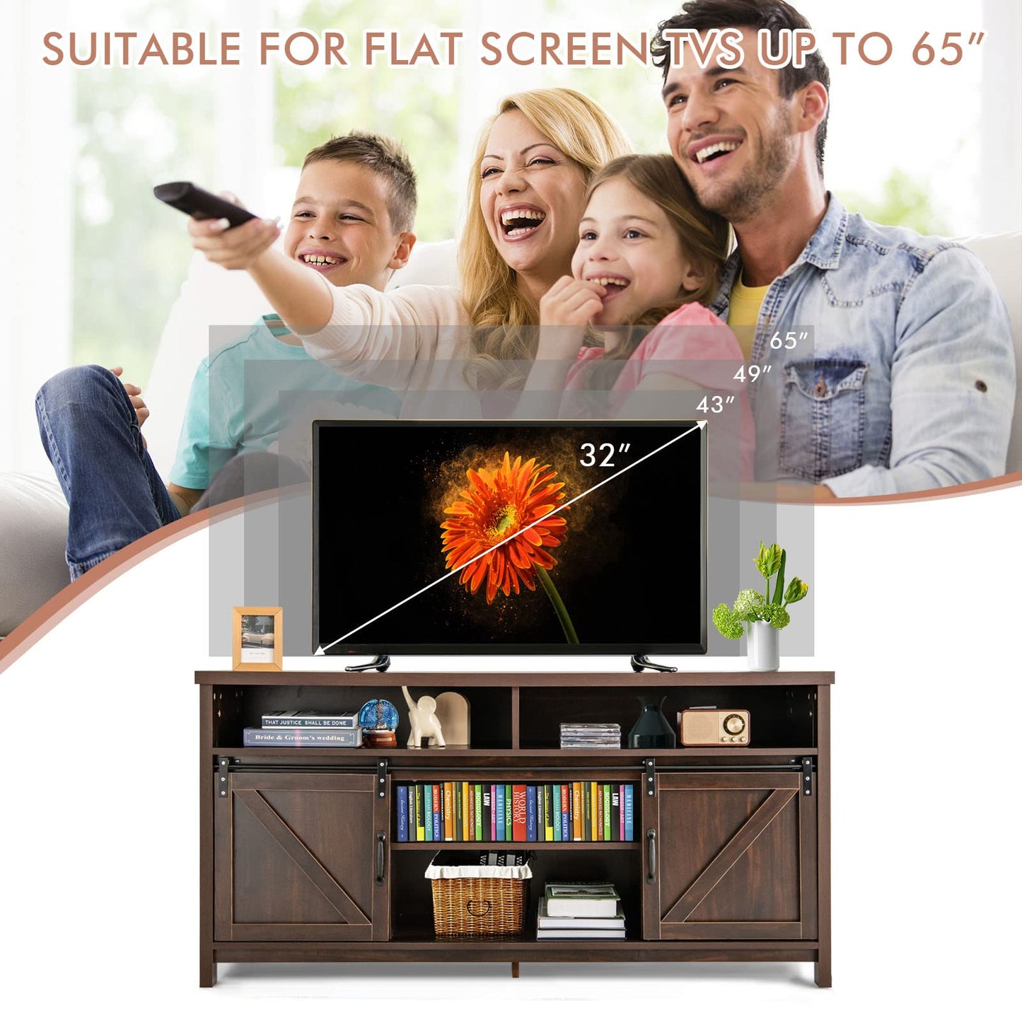 Sliding Barn Door Farmhouse Flat Screen Console for 65 Inch TVs