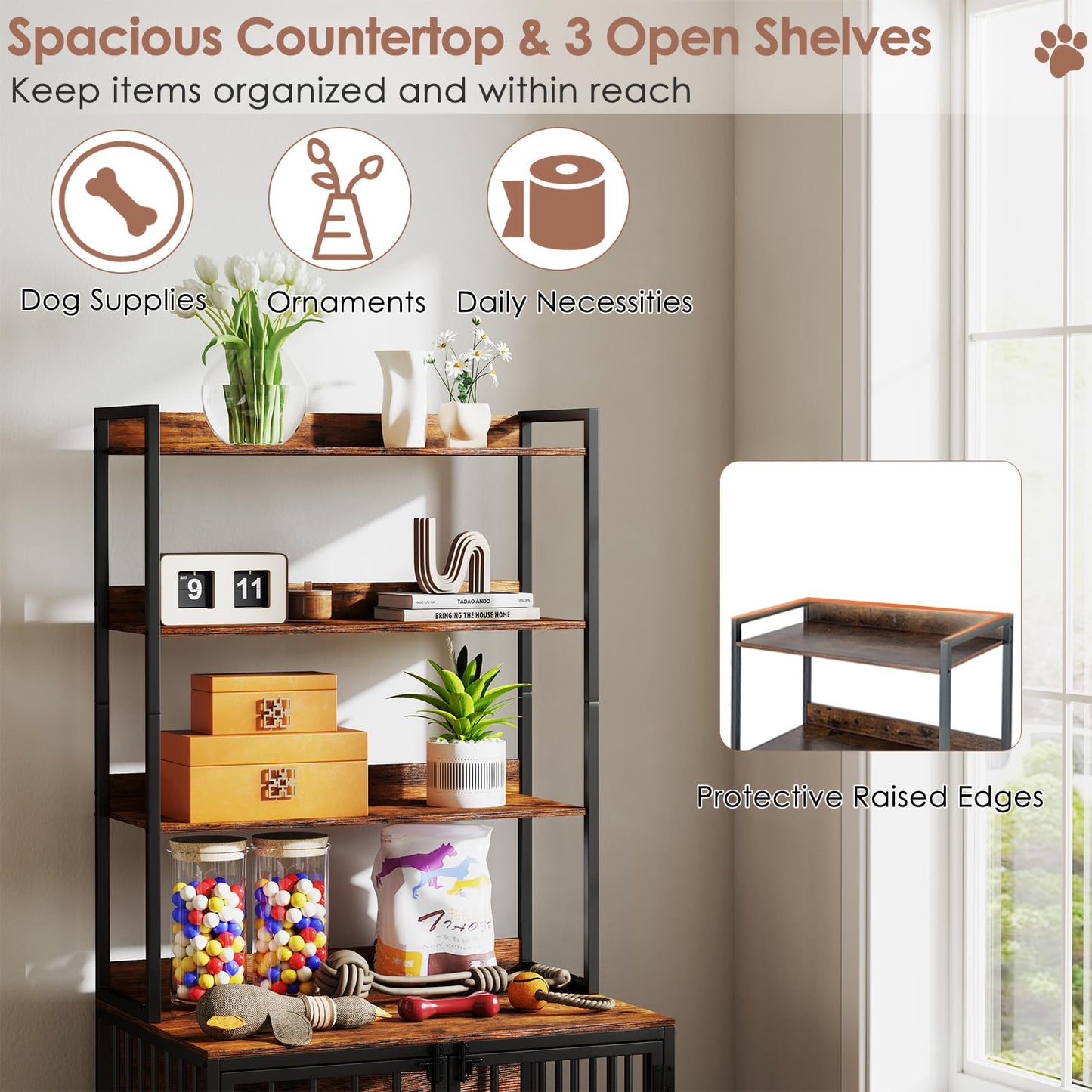 Indoor Wooden Dog Cage with Storage Shelves