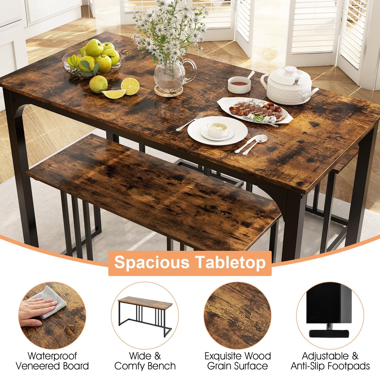 Metal Frame Dining Table and 2 Stool Set with 1 Bench