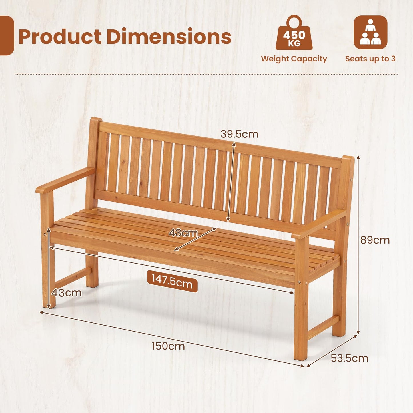 2/3-Person Garden Bench, All-Weather Wooden Patio Loveseat Park Bench Chair