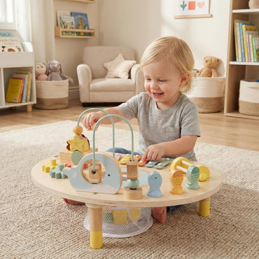 Activity Table for 1+ Year Old, 7-in-1 Wooden Montessori Toy Busy Board