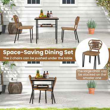 Outdoor Dining Table with 2 Varied-Size Stackable Rattan Chairs & Shelf