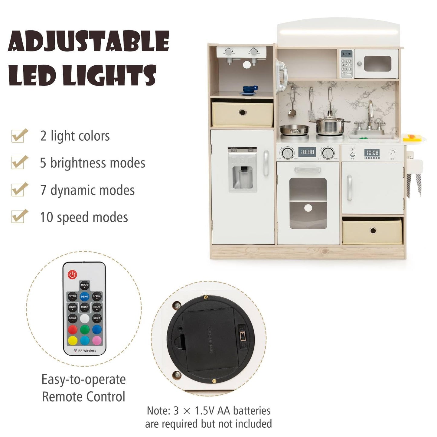Kids Kitchen Playset with Adjustable LED Lights and Removable Shelves