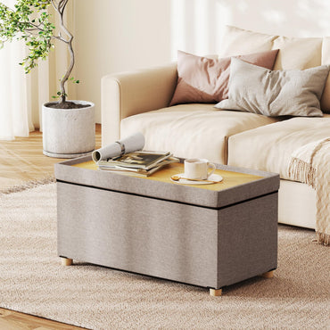 Linen Fabric Storage Ottoman Bench with Tray and Rubber Wood Legs