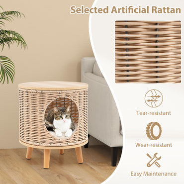 Wicker Cat Bed Ottoman Elevated Cats Cave Sleeping House