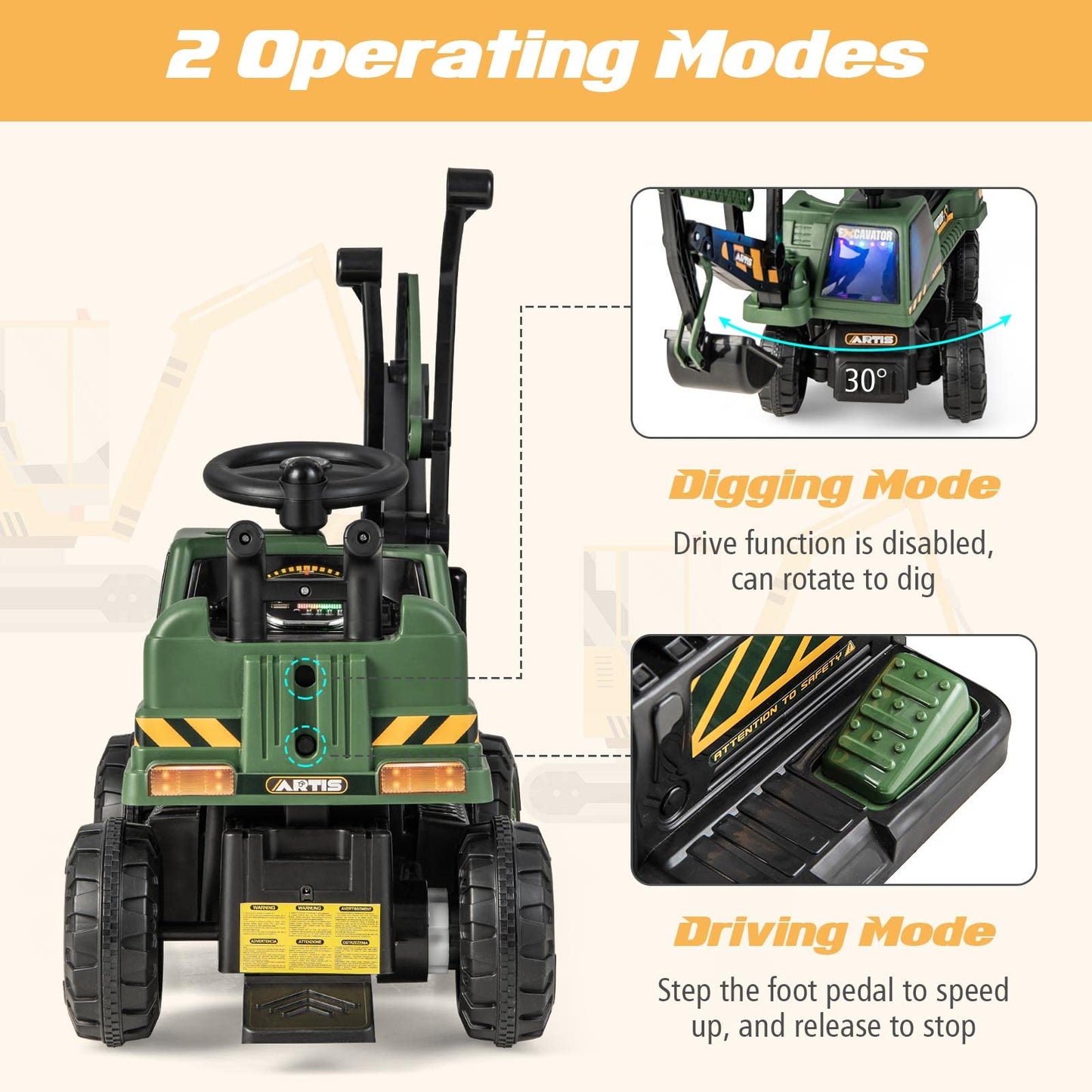 Kids Ride On Excavator with Rotating Seat and Underneath Storage