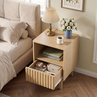 Bedside Table, Wooden Nightstand End Sofa Side Table with Fluted Storage Drawer