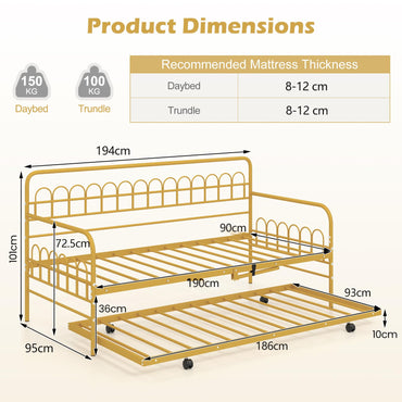 Single Daybed with Trundle and Curved Backrest and Armrests No Box Spring Needed