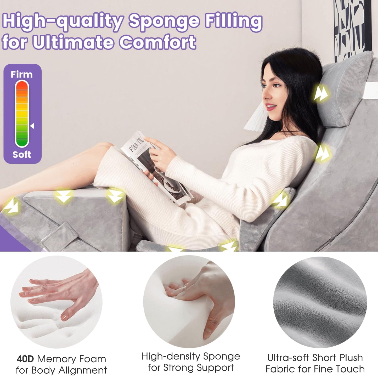 7 PCS Adjustable Support Pillow Set Bed Wedge Pillows with Memory Foam