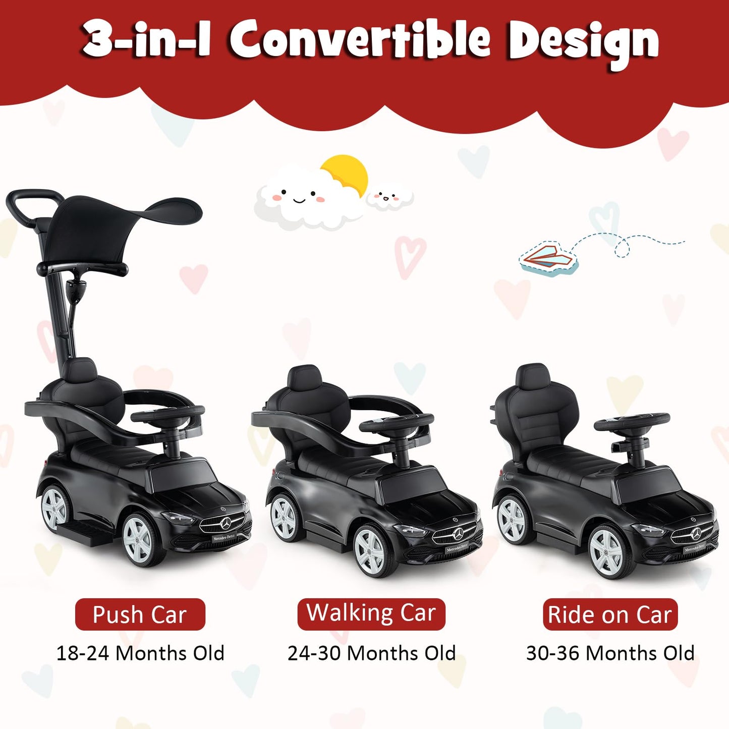 3-in-1 Ride on Push Car with Adjustable Canopy and Steering Push Bar
