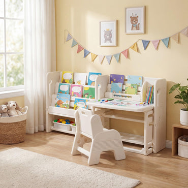 Kids Desk and Chair Set with Side Bookshelves and Whiteboard