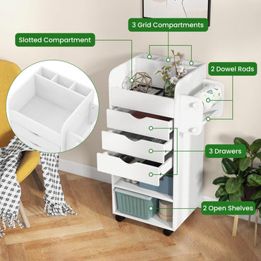 Mobile Rolling Storage Cart with 3 Drawers 2 Shelves and 2 Dowel Rods