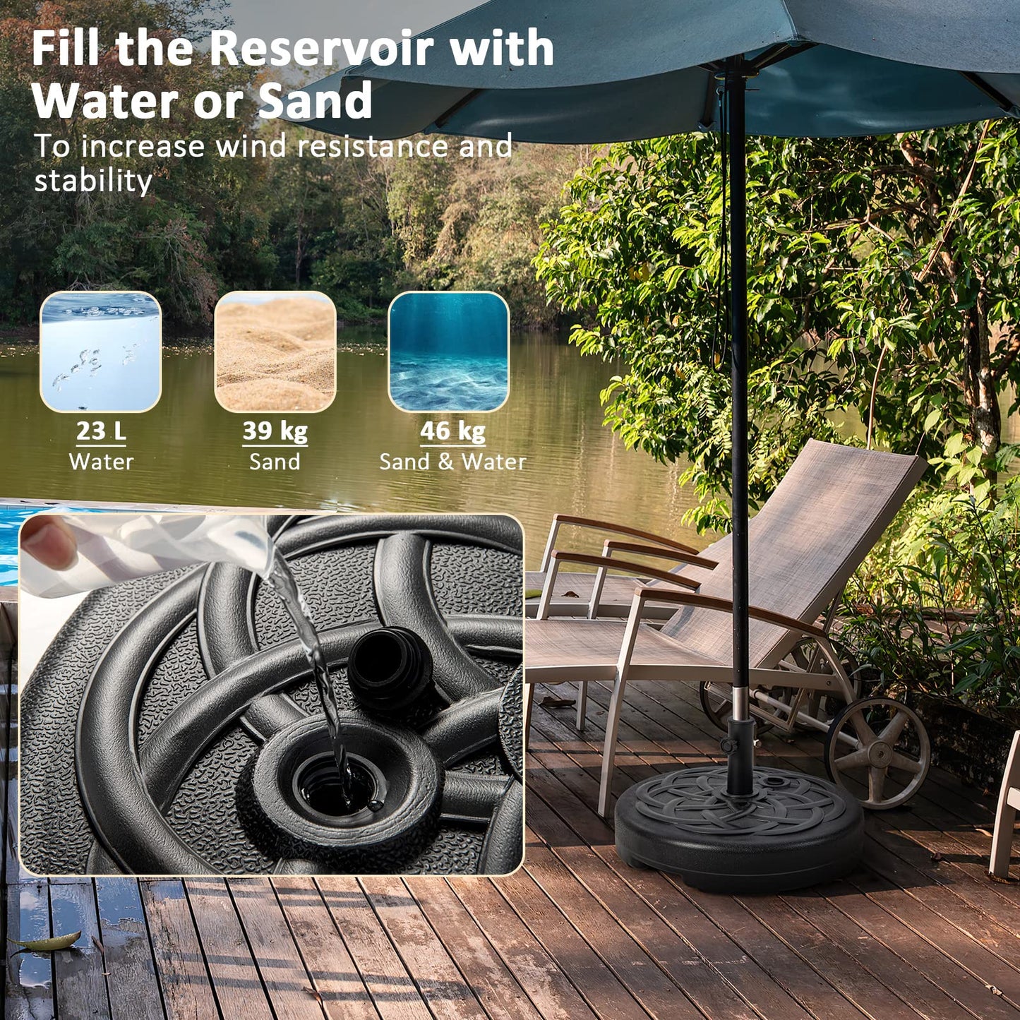 46KG Water and Sand Fillable Umbrella Stand with Built-in Handle