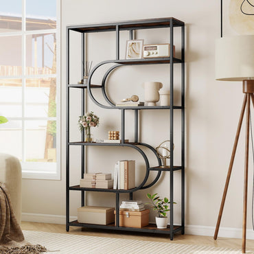 Industrial Etagere Bookcase with Open Storage Shelves and Metal Frame