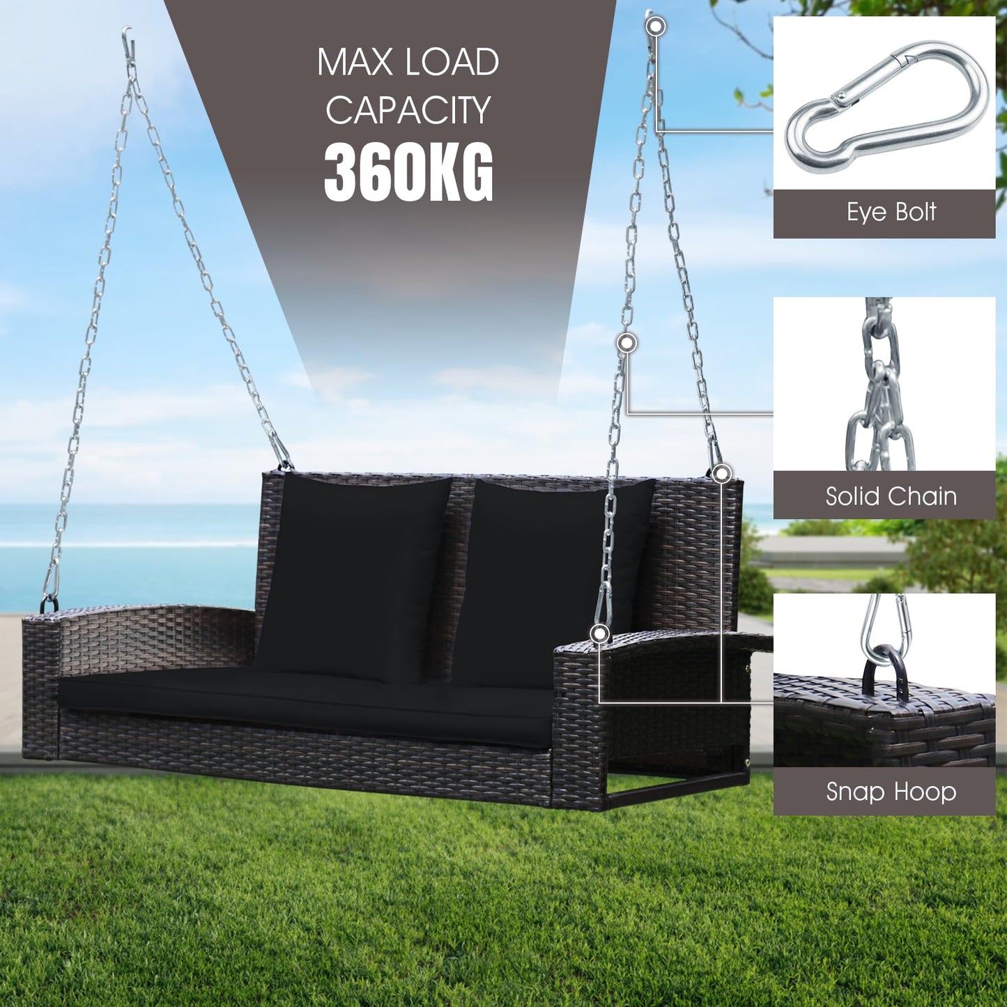 2-Seat Patio Rattan Porch Swing with Two Solid Steel Chains