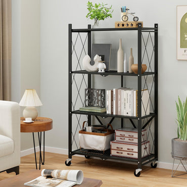 4-Tier Metal Foldable Collapsible Storage Rack with Lockable Wheels