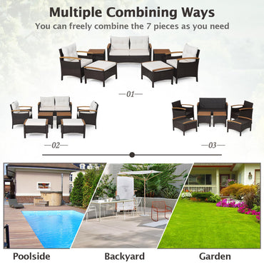 7 PCS Garden Rattan Furniture Set for Yard Poolside