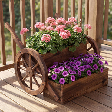 Wood Wagon Planter Box, 2-Tier Rustic Raised Garden Bed with Drainage Holes