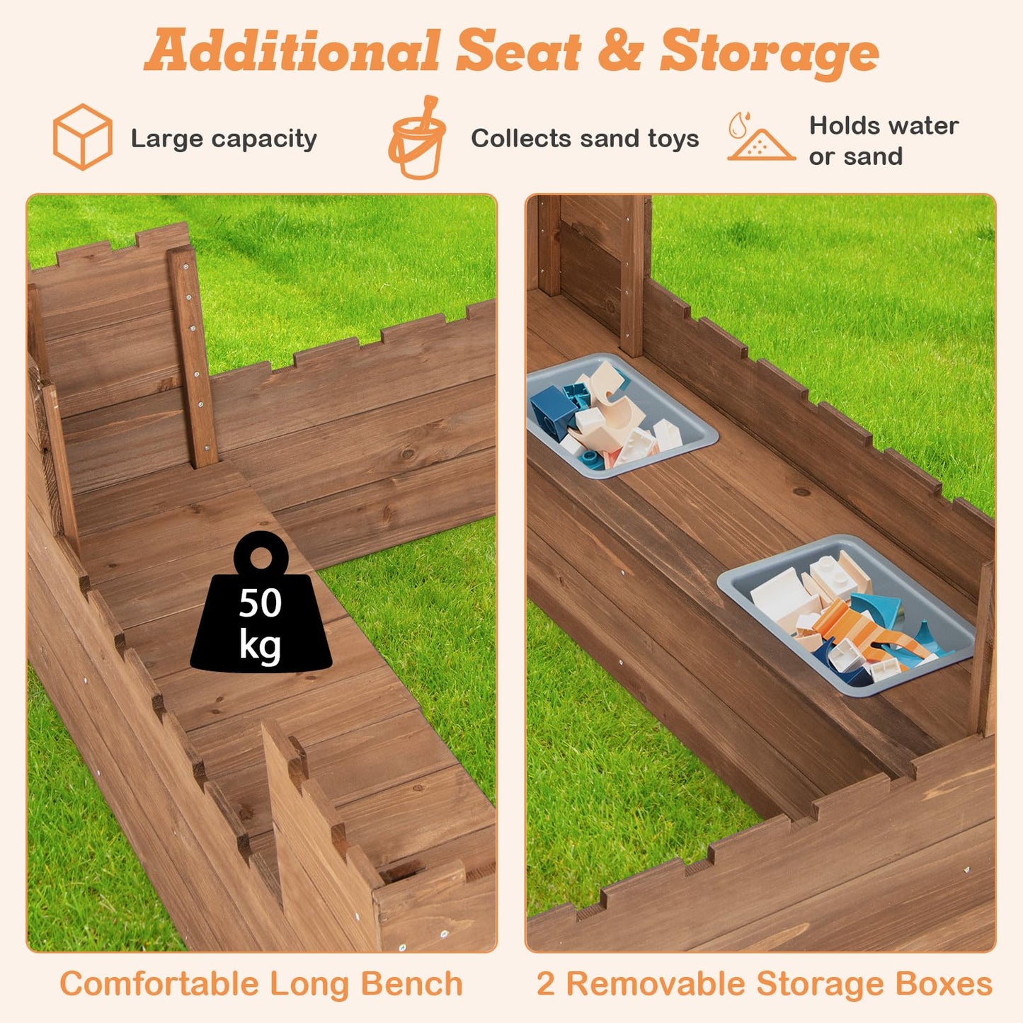 Solid Wood Kids Sandbox with 2 Bench Seats