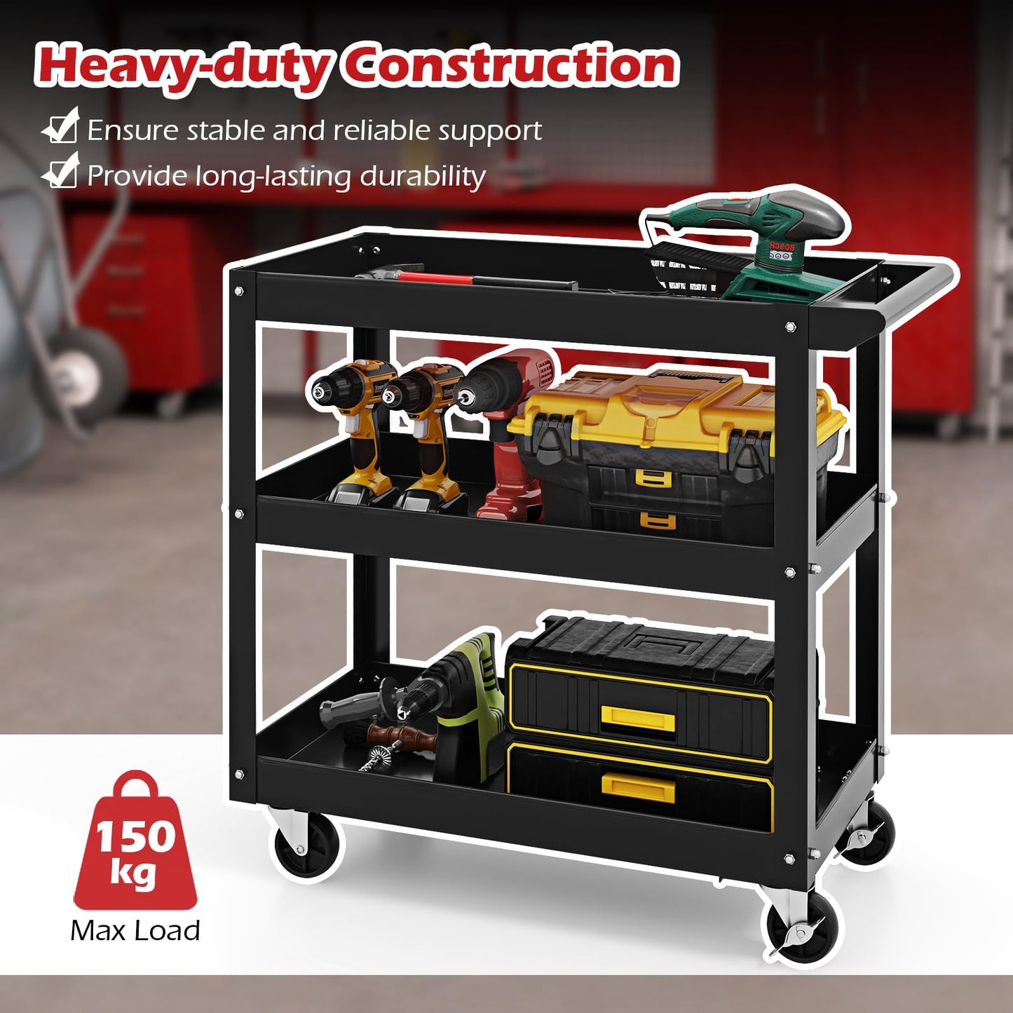 3-Tier Tool Trolley with Handle and Lockable Wheels