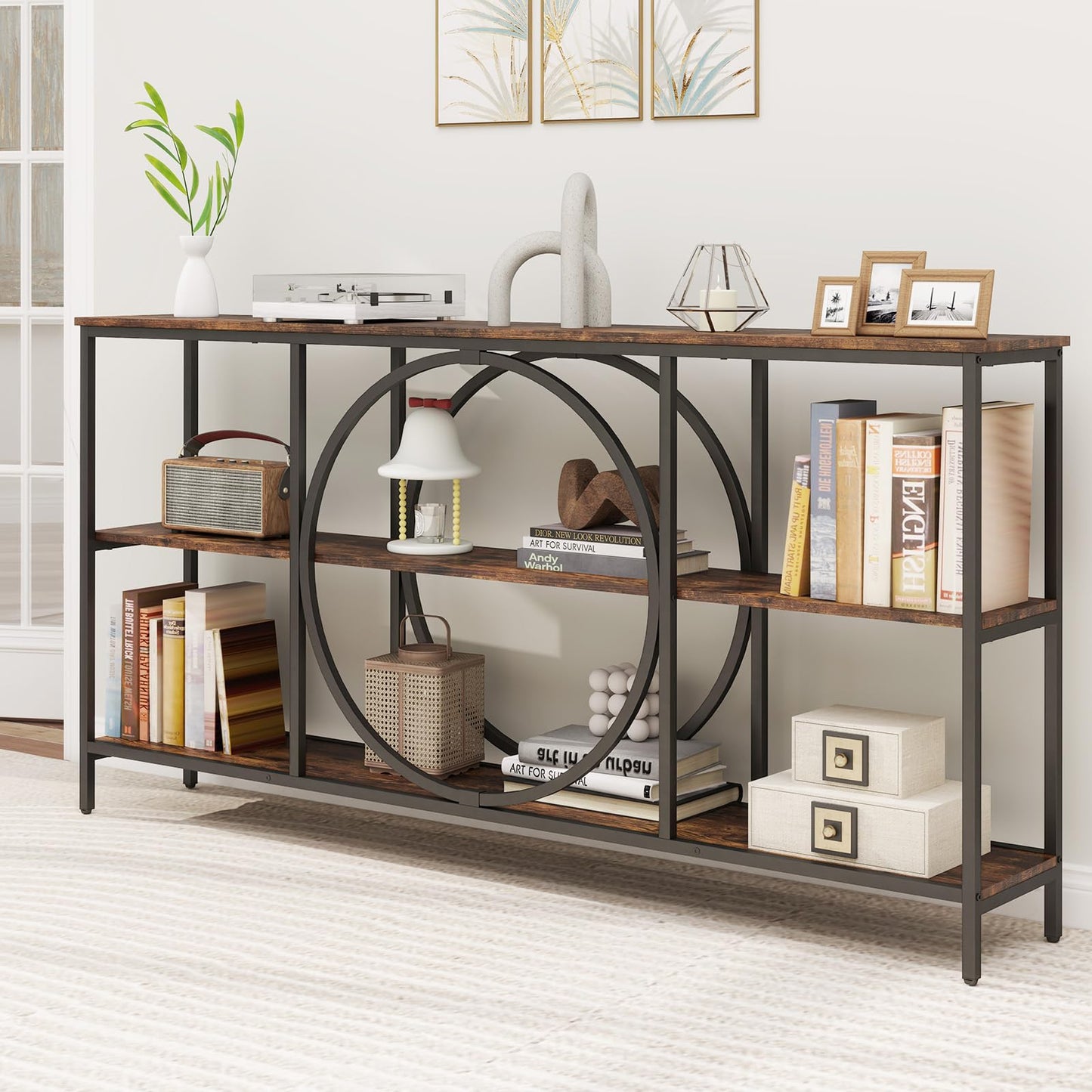 3 Tier Console Table with Faux Wood Grain Top
