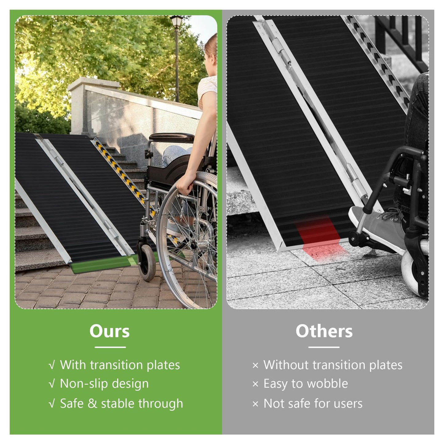 3FT Folding Portable Aluminum Ramp with Transition Plate and Reflective Warning Stickers