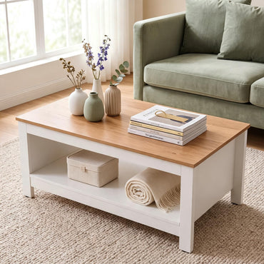 2-Tier Coffee Table with Open Storage Shelf, White+Natural