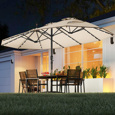 Double-Side Garden Parasol, Sun Shade Umbrella with Solar Powered LED Lights, Base & Crank System