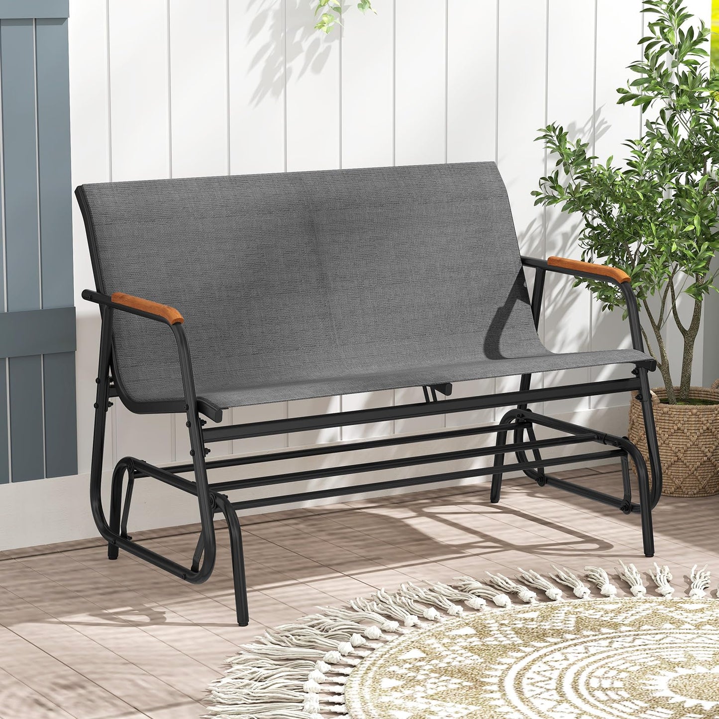 2-Person Outdoor Metal Frame Fabric Glider Bench