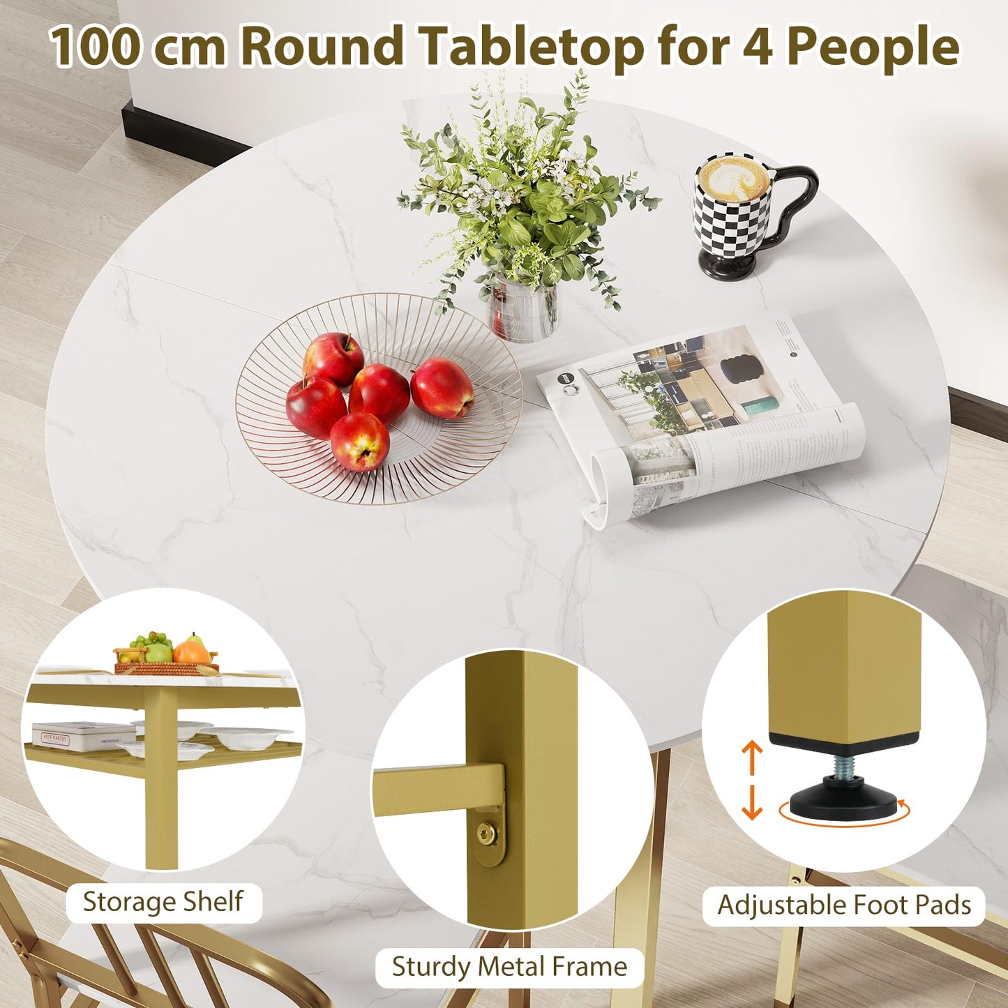 5 Piece Dining Table Set with Storage Rack and Metal Frame for Dining Room