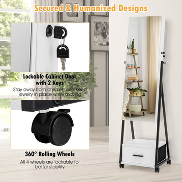 Mobile Standing Lockable Jewelry Cabinet with Full Length Mirror