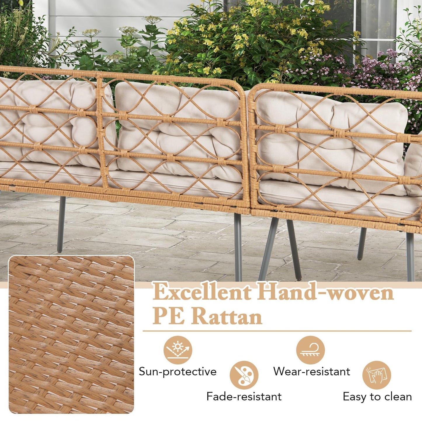 L Shaped Patio Conversation Set with Cushions & Coffee Table