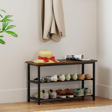 3-Tier Shoe Storage Bench with Metal Slat Shelves and Long Wooden Seat