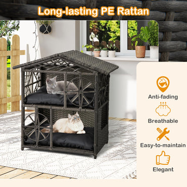 2-storey Wicker Cat House with Removable Cushions