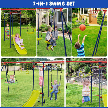 7-in-1 Kids Swing Set with 2 Swings for Kids Aged 3-10 Years Old