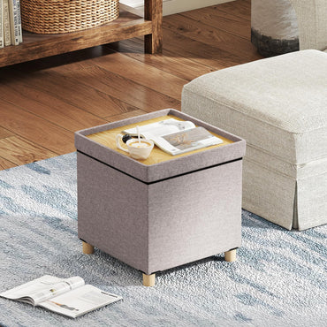 Ottoman with Storage Linen Fabric Footstool with Tray and Rubber Wood Legs