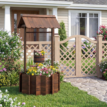 GiantexUK Wooden Wishing Well Planter, Garden Decoration Flower Pot with Hanging Bucket