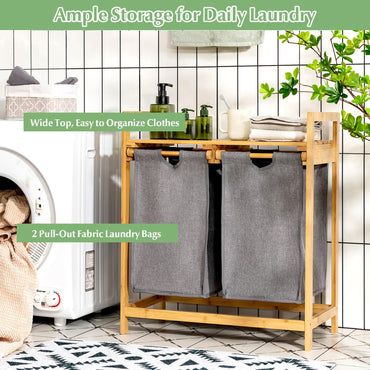 Bamboo Laundry Hamper with Dual Compartments and Removable Sliding Bags