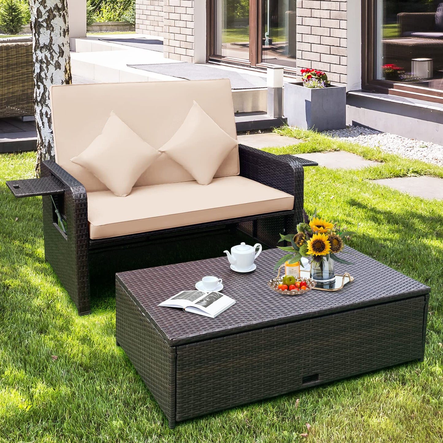 4-Level Adjustable Patio Wicker Loveseat Sofa Bed Sun Lounger with Storage Ottoman