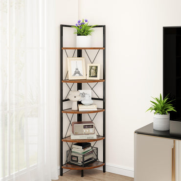 160 CM 5 tier Corner Bookshelf with Metal Frame X-shaped Brackets