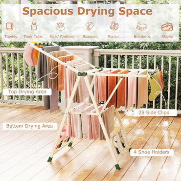2-Level Foldable Clothes Drying Rack with Height-Adjustable Wings