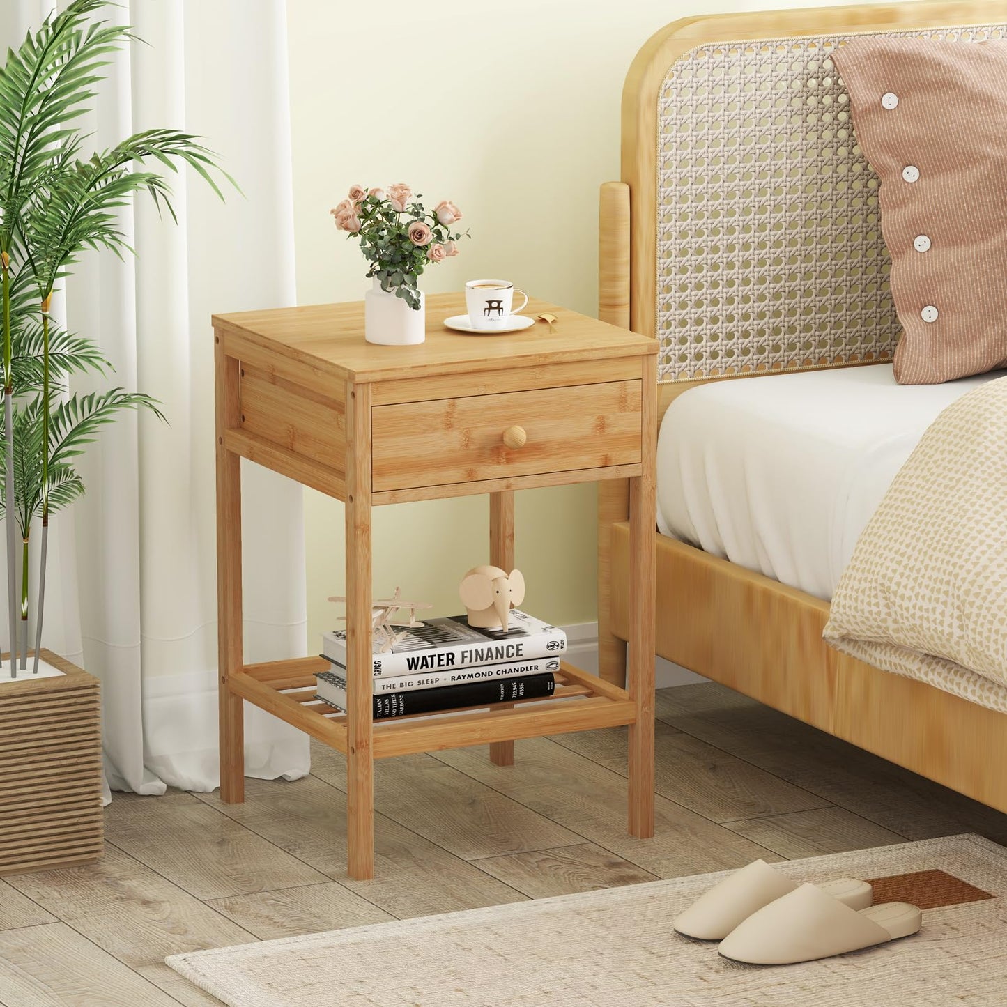 Bamboo Nightstand Sofa Side End Table with Drawer and Open Storage Shelf